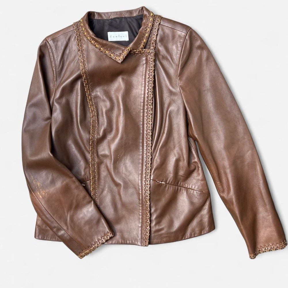 Vericci Chocolate Brown Genuine Leather Jacket Braided Hems
